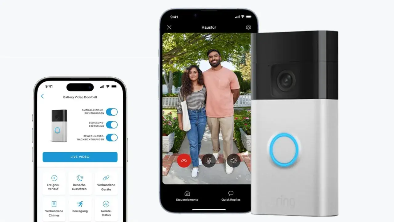 Ring Kamera Test: Ein Paar steht vor der Haustür, während die App Einstellungen und Live-Video anzeigt.