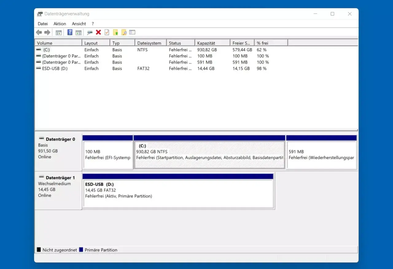 Datenträgerverwaltung zeigt, wie man die Festplatte partitionieren kann unter Windows 11. Hier sind Laufwerke C: und D: zu sehen.