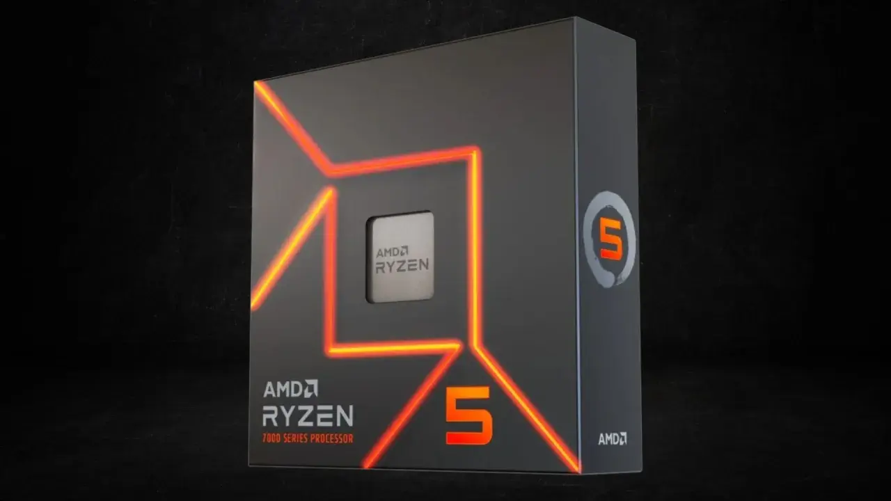 AMD Ryzen 5 7000 Series Prozessor-Verpackung mit leuchtenden orangen Linien und dem Prozessor selbst. Eine starke Wahl für Gaming und Produktivität, vergleichbar mit einem AMD Ryzen 7.