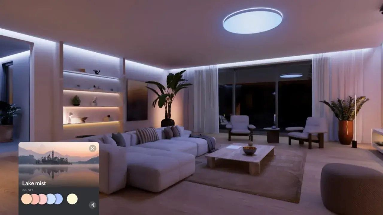 Gemütliches Wohnzimmer mit indirekter Beleuchtung, inspiriert von Philips Hue Ideen. Die Szene "Lake mist" erzeugt eine beruhigende Atmosphäre.