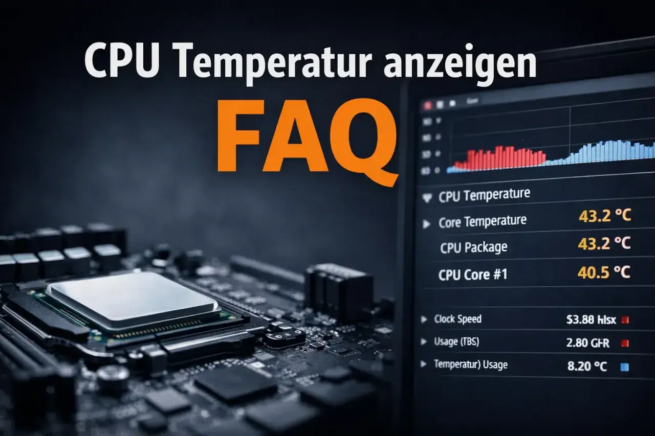 CPU Temperatur anzeigen in Windows 11: Ein FAQ-Bild zeigt eine CPU auf einem Motherboard und einen Bildschirm mit Temperaturdaten.