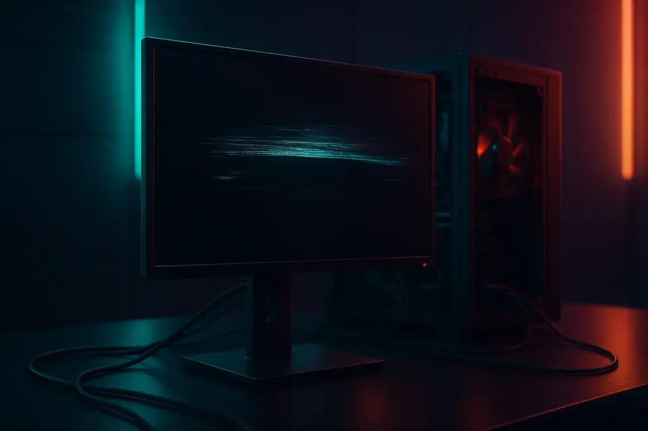 Ein dunkler Raum mit einem flackernden Bildschirm, der digitale Störungen zeigt. Daneben steht ein Computergehäuse, beleuchtet von rotem Licht.