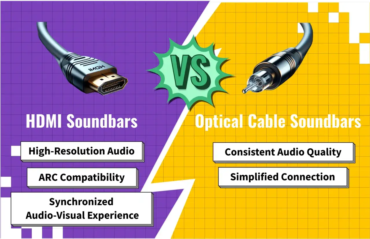 Vergleich: HDMI-Kabel vs. optisches Kabel für Soundbars. HDMI bietet High-Res-Audio, ARC und synchronisierte Erlebnisse. Optisch liefert konsistente Qualität und einfache Verbindung.