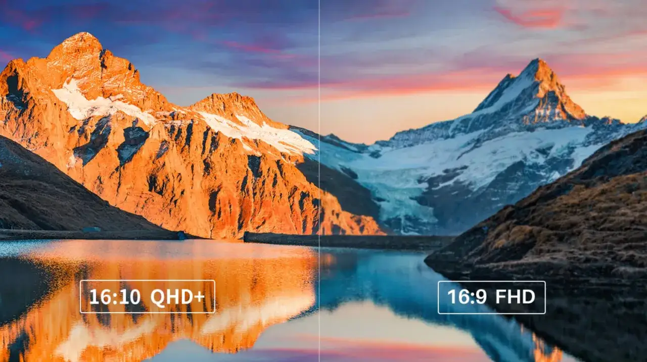 Berglandschaft im 1080 p Vergleich: Links 16:10 QHD+ mit warmem Licht, rechts 16:9 FHD mit k&uuml;hleren T&ouml;nen.