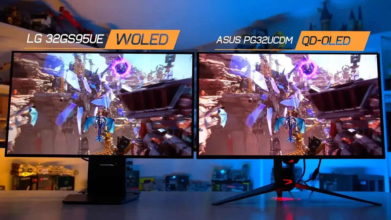 Vergleich: LG WOLED vs. ASUS QD-OLED. Zwei Monitore zeigen ein Spiel mit Drachen und futuristischen Elementen.