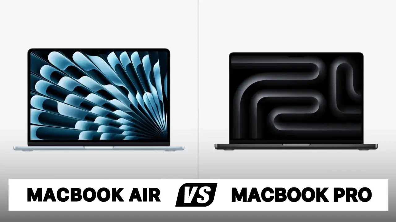 Zwei MacBooks nebeneinander, ein MacBook Air und ein MacBook Pro, zeigen ihre unterschiede.