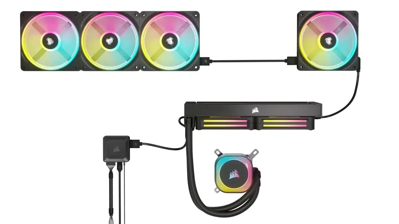 Ein PC-K&uuml;hlsystem mit RGB-L&uuml;ftern und Pumpe, verbunden &uuml;ber iCUE Link f&uuml;r individuelle Beleuchtungseffekte.