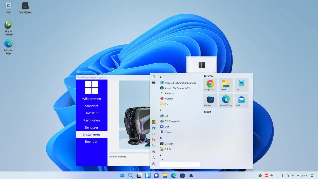 Desktop mit Windows 11 und einem Installationsprogramm für Linuxfx. Die Auswahlmöglichkeiten sind Willkommen, Standort, Tastatur, Partitionen, Benutzer, Installieren und Beenden.