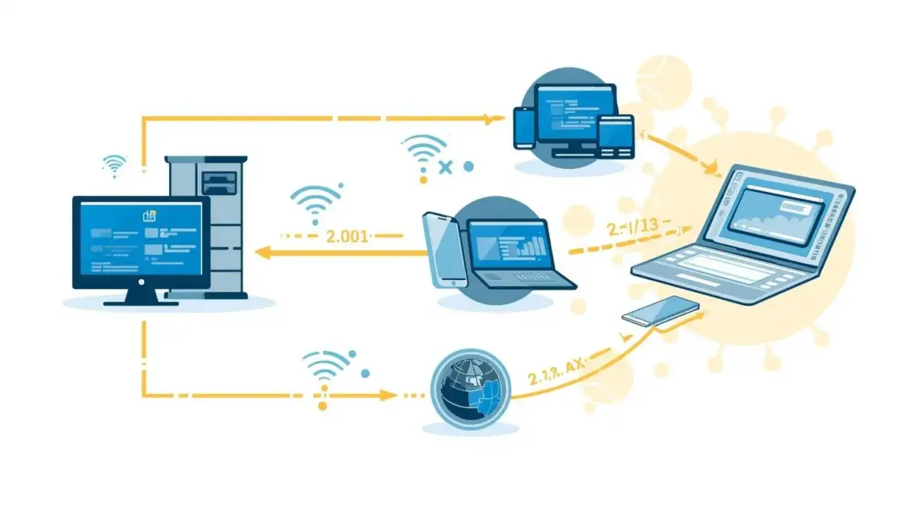 Netzwerkdiagramm zeigt, wie Geräte wie Computer, Laptops und Smartphones über WLAN mit einem Server und dem Internet verbunden sind. Ein remote computer ist hier das Zentrum der Vernetzung.
