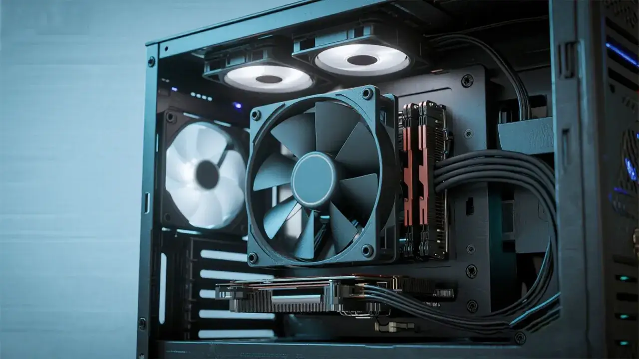 Ein PC-Gehäuse mit Lüftern und Kabeln. Die TDP-Bedeutung wird durch die effiziente Kühlung der Komponenten verdeutlicht.