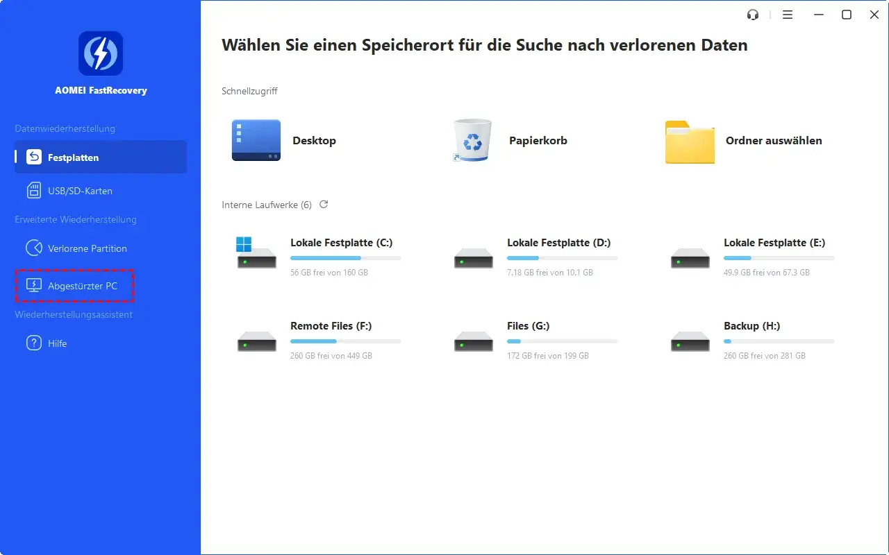 Hilfe bei abgest&uuml;rzter PC-Wiederherstellung. AOMEI FastRecovery sucht nach verlorenen Daten auf lokalen Festplatten, USB-Sticks und mehr.