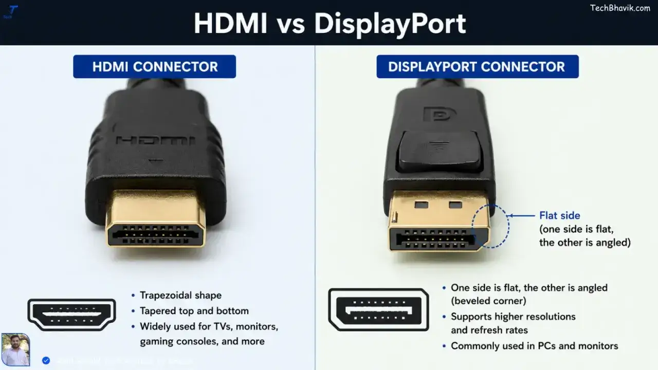 Vergleich von HDMI und DisplayPort Anschlüssen. DisplayPort Versionen bieten höhere Auflösungen und Bildraten, ideal für PCs und Monitore.