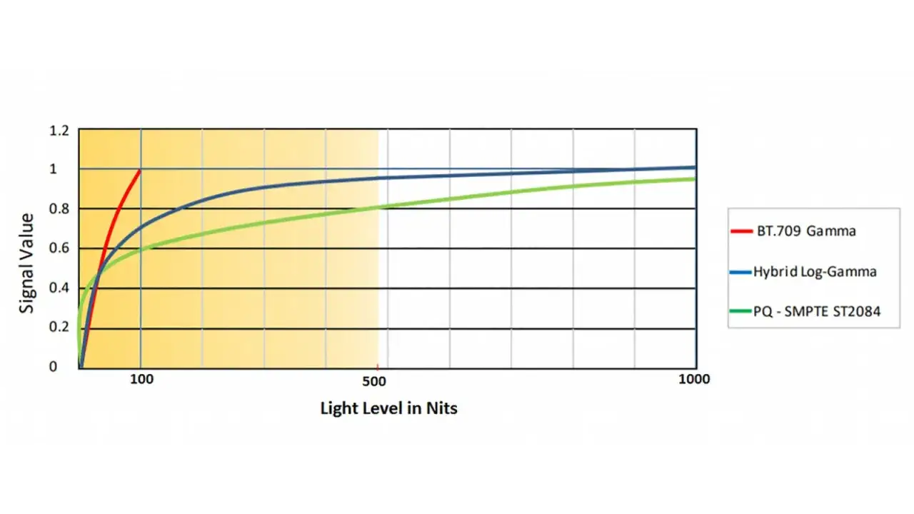 Diagramm zeigt Signalwert vs. Lichtpegel in Nits f&uuml;r BT.709 Gamma, Hybrid Log-Gamma und PQ. HLG HDR-Standards werden verglichen.