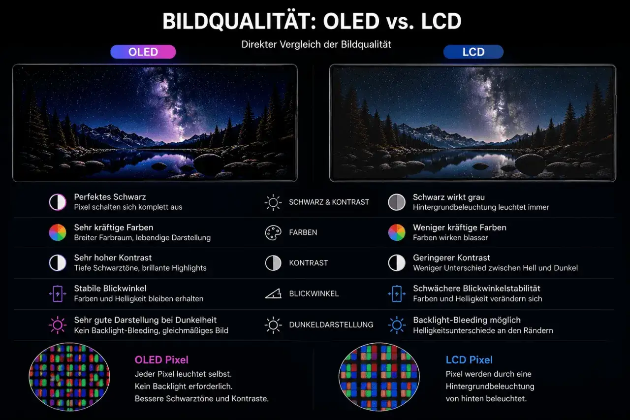 Vergleich von OLED und LCD: OLED bietet perfektes Schwarz, kräftige Farben und hohen Kontrast. Das OLED Bild ist lebendig.