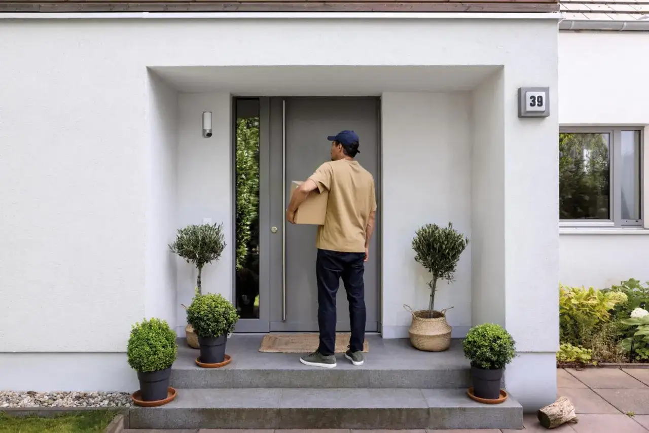 Ein Lieferbote mit Paket steht vor einer Haust&uuml;r, &uuml;ber der eine Kamera von Bosch Eyes 2 wacht.