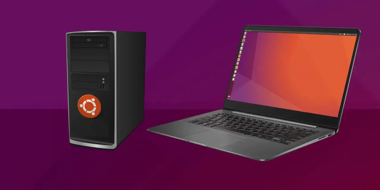 Ein Desktop-PC mit Ubuntu-Logo und ein Laptop mit Ubuntu-Desktop. Ja, ist Linux kostenlos und eine tolle Alternative!