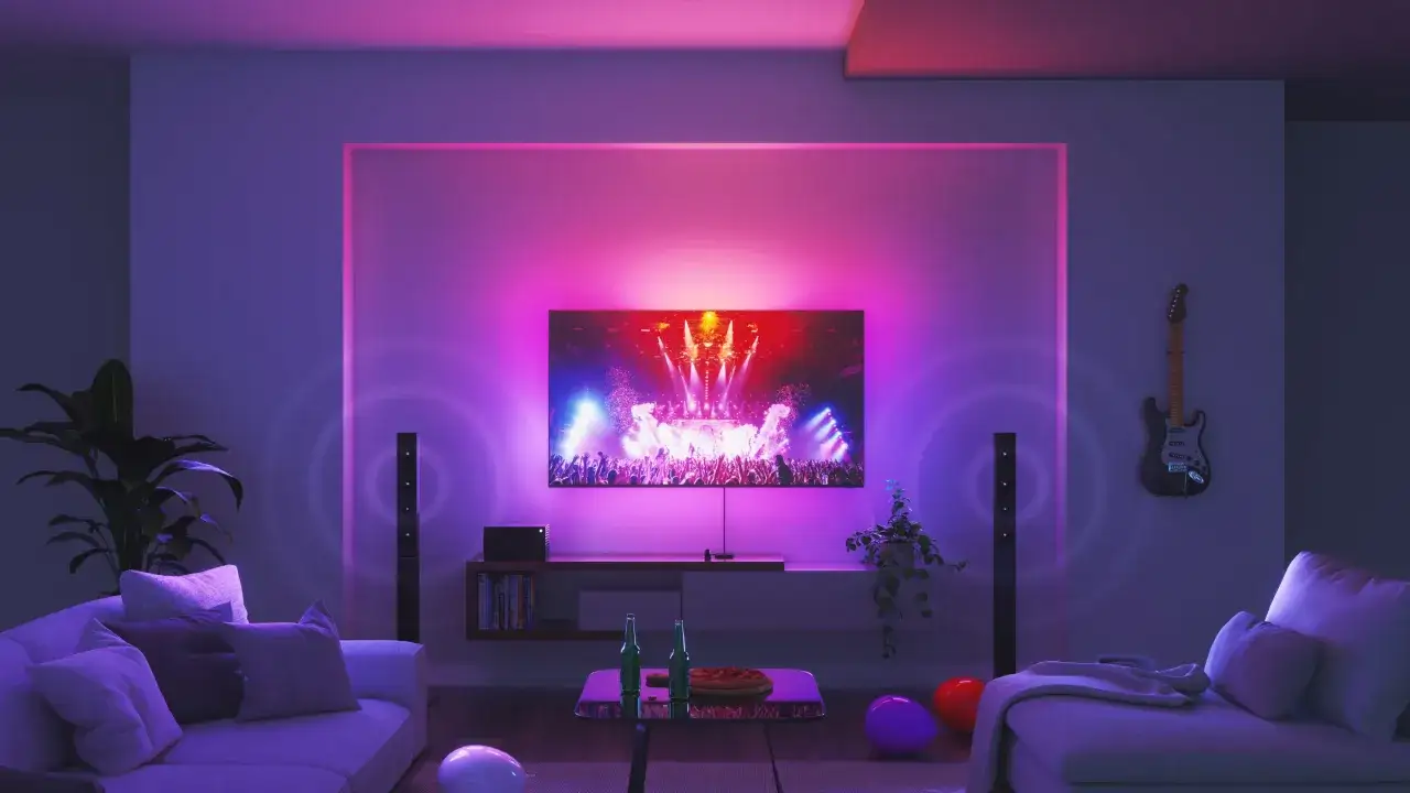 Gemütliches Wohnzimmer mit Philips Hue Beleuchtung, die sich synchron zu Spotify-Musik synchronisiert. Ein Fernseher zeigt ein Konzert, während lila und pinke Lichter die Szene erhellen.