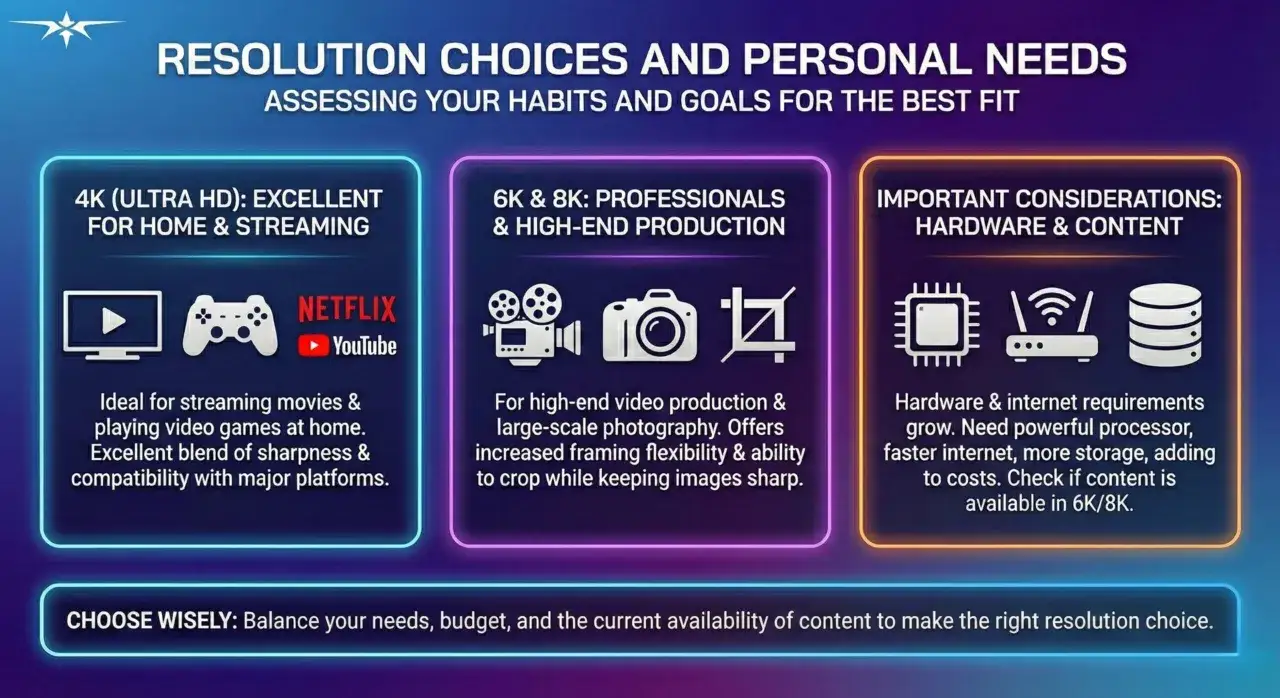 F&uuml;r professionelle Produktionen und Fotografie ist 8K ideal. Es bietet mehr Flexibilit&auml;t beim Zuschneiden und beh&auml;lt die Sch&auml;rfe. Pr&uuml;fe die Verf&uuml;gbarkeit von 8K-Inhalten.