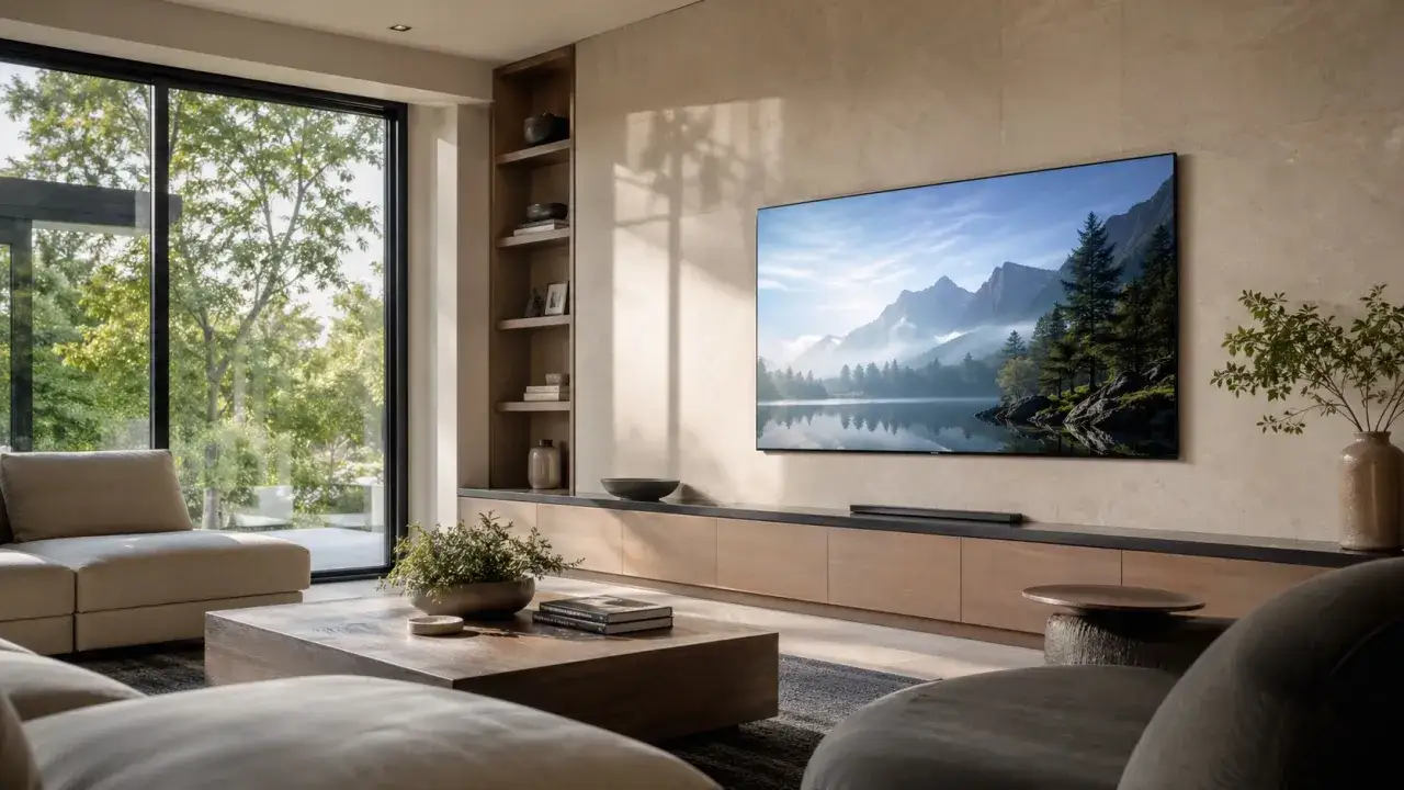 Modernes Wohnzimmer mit großem Fenster, bequemen Sofas und einem Fernseher, der eine Berglandschaft in Dolby Vision IQ-Qualität zeigt.