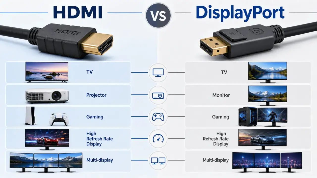 Vergleich von DisplayPort vs. HDMI 2.1: Kabel, TVs, Monitore, Gaming, hohe Bildwiederholraten und Multi-Display-Setups.