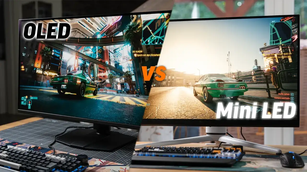 OLED vs. Mini LED: Ein gr&uuml;nes Auto in Cyberpunk 2077. Dolby Vision-Qualit&auml;t auf beiden Bildschirmen, aber mit unterschiedlichen Ergebnissen.