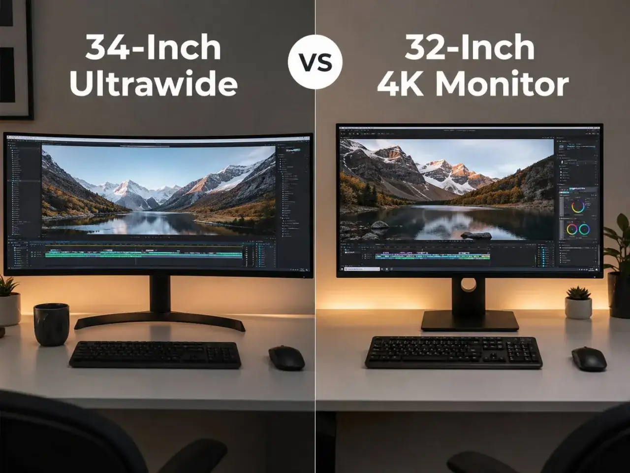 Vergleich: 34-Zoll Ultrawide (21:9) vs. 32-Zoll 4K Monitor (16:9). Beide zeigen eine Berglandschaft mit einem See und einer Videoschnitt-Timeline.