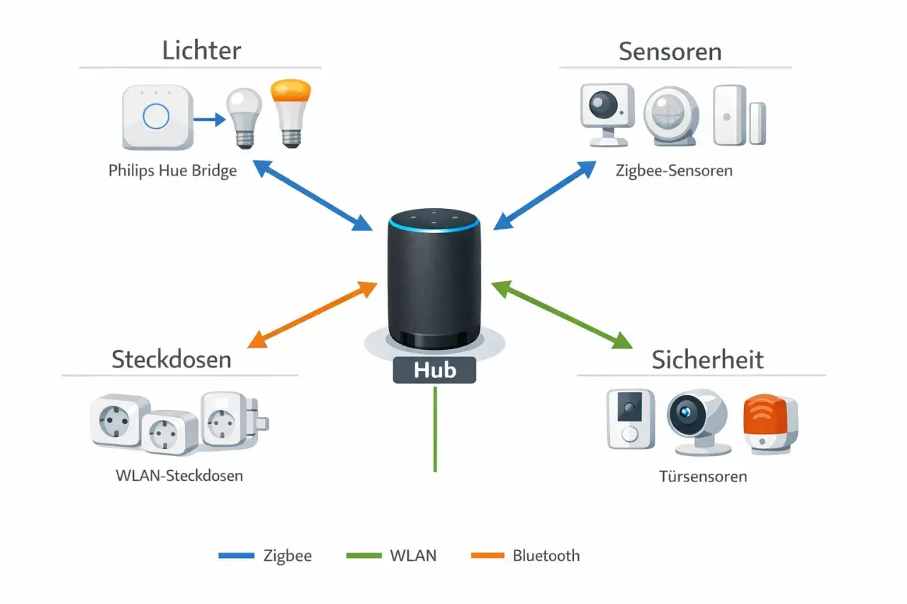 Schema zeigt, wie Philips Hue Bridge und Zigbee-Sensoren &uuml;ber einen Hub mit Lichtern, Steckdosen und Sicherheitssystemen verbunden sind. Die Hue Bridge hat eine gute Reichweite.