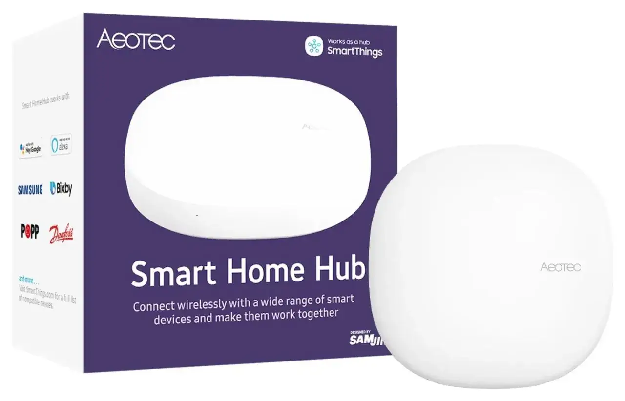 Ein wei&szlig;er Smart Home Hub von Aeotec, der als zentrale homey bridge f&uuml;r vernetzte Ger&auml;te dient.