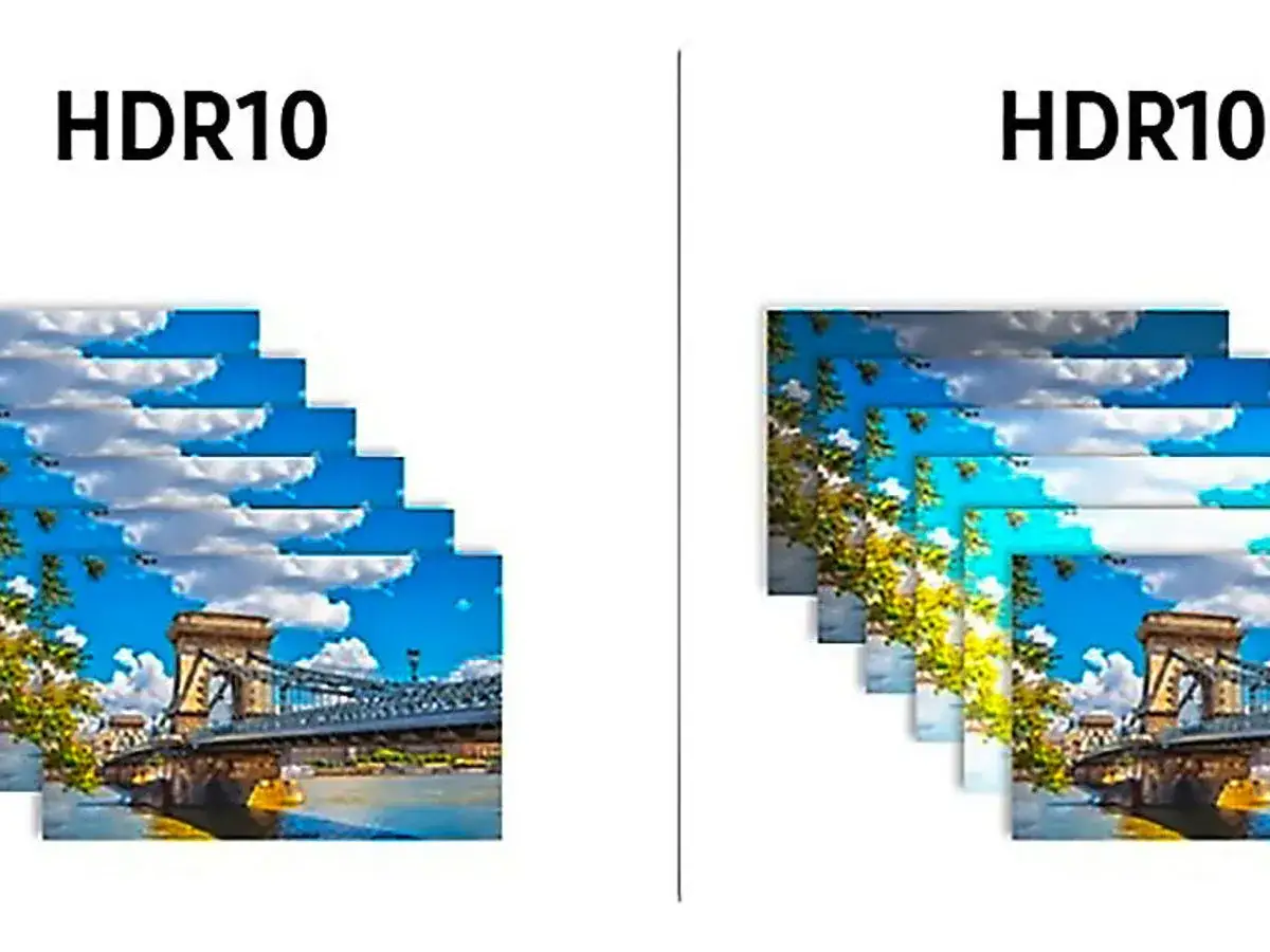 Vergleich von HDR10 und HDR10+: Links HDR10 mit weniger Detailtiefe, rechts HDR10+ mit lebendigeren Farben und besserem Kontrast.