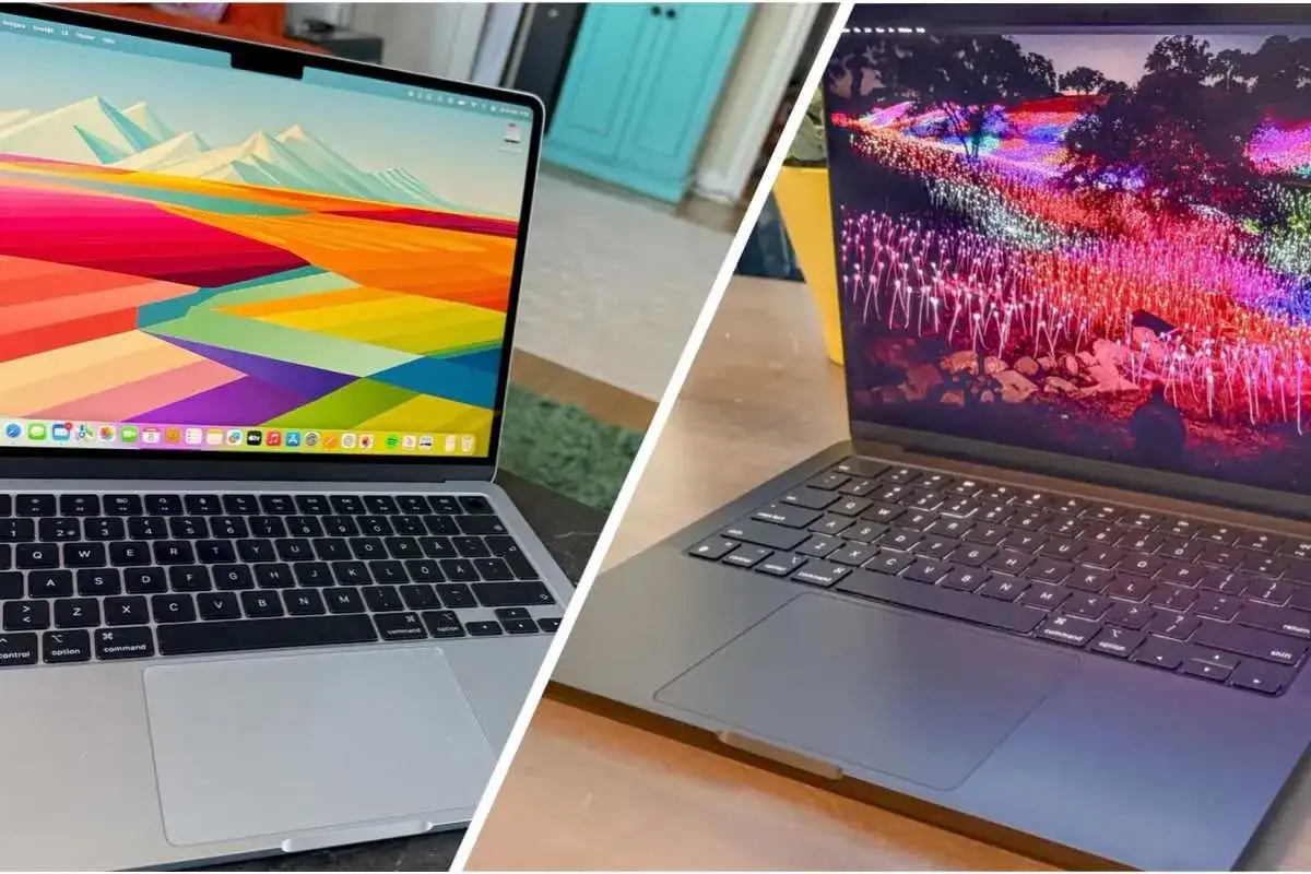 Zwei MacBooks nebeneinander, eines in Silber mit bunter Berglandschaft, das andere in Dunkelgrau mit Lichtermeer. Das geringe MacBook Air Gewicht macht sie ideal f&uuml;r unterwegs.