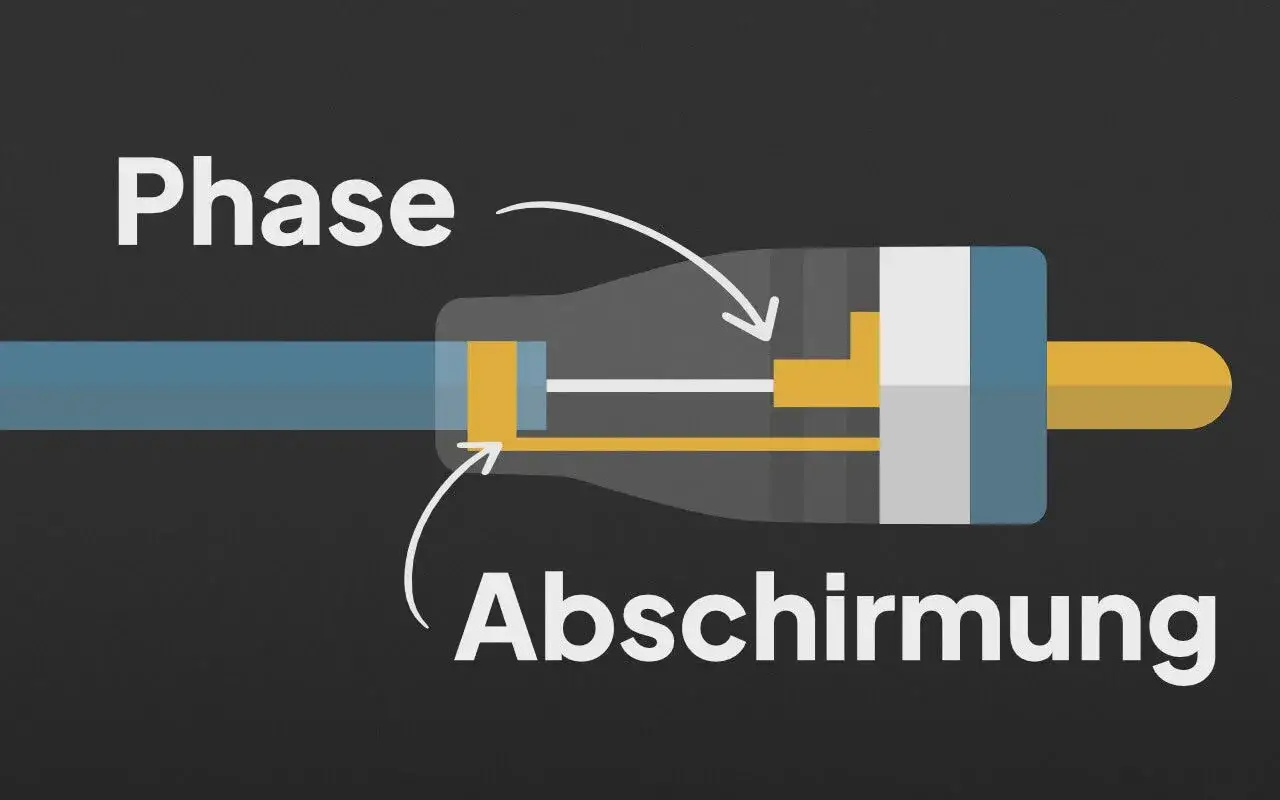 Schema zeigt, wie man einen Cinch Stecker montieren kann: Phase und Abschirmung werden korrekt verbunden.
