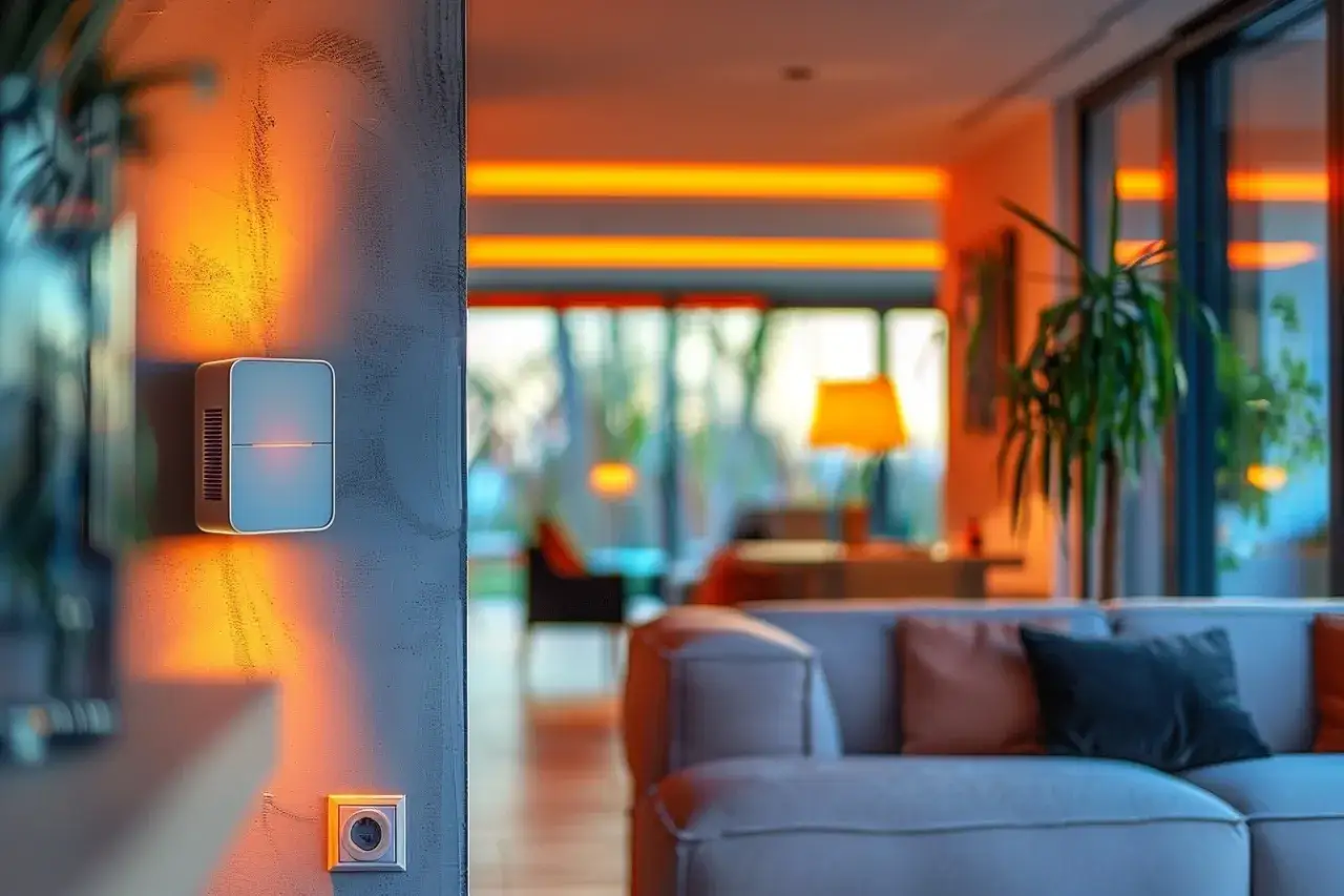 Ein modernes Wohnzimmer mit gem&uuml;tlichem, adaptiven Licht. Eine Wandleuchte wirft warmes Licht auf die Wand.