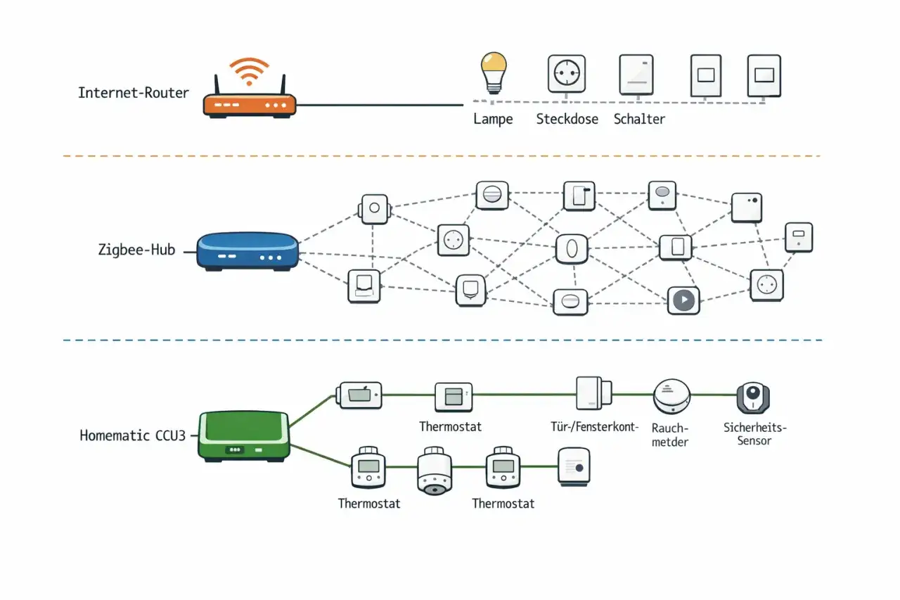 Vergleich von Z-Wave vs. Zigbee: Schematische Darstellung von Smart-Home-Netzwerken mit Routern, Hubs und verschiedenen Geräten wie Thermostaten und Sensoren.