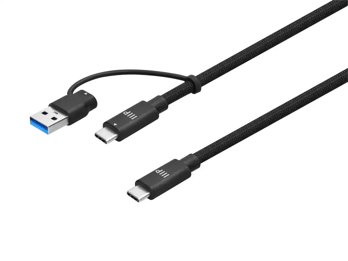 Ein schwarzes Kabel mit einem USB-A-Stecker und zwei USB-C-Anschlüssen, bereit für den USB 4 Anschluss.