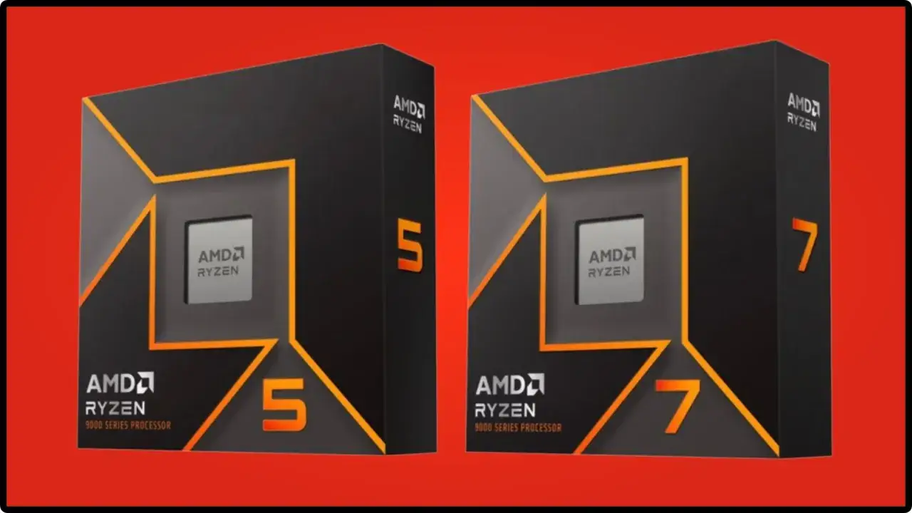 Zwei AMD Ryzen Prozessoren, ein AMD Ryzen 5 und ein AMD Ryzen 7, in ihren schwarzen Verpackungen mit orangefarbenen Akzenten.