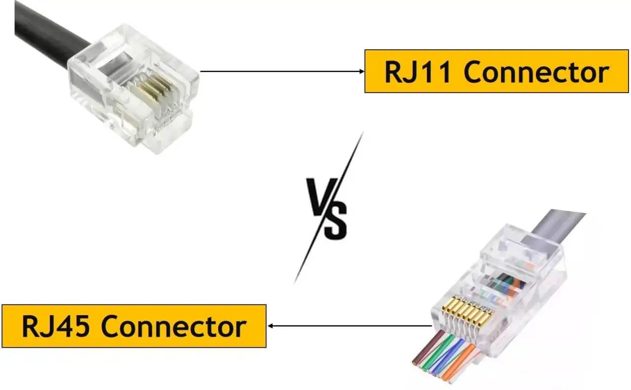 Vergleich von RJ11 vs RJ45 Steckern: Der kleinere RJ11 f&uuml;r Telefonleitungen und der breitere RJ45 f&uuml;r Netzwerkkabel.
