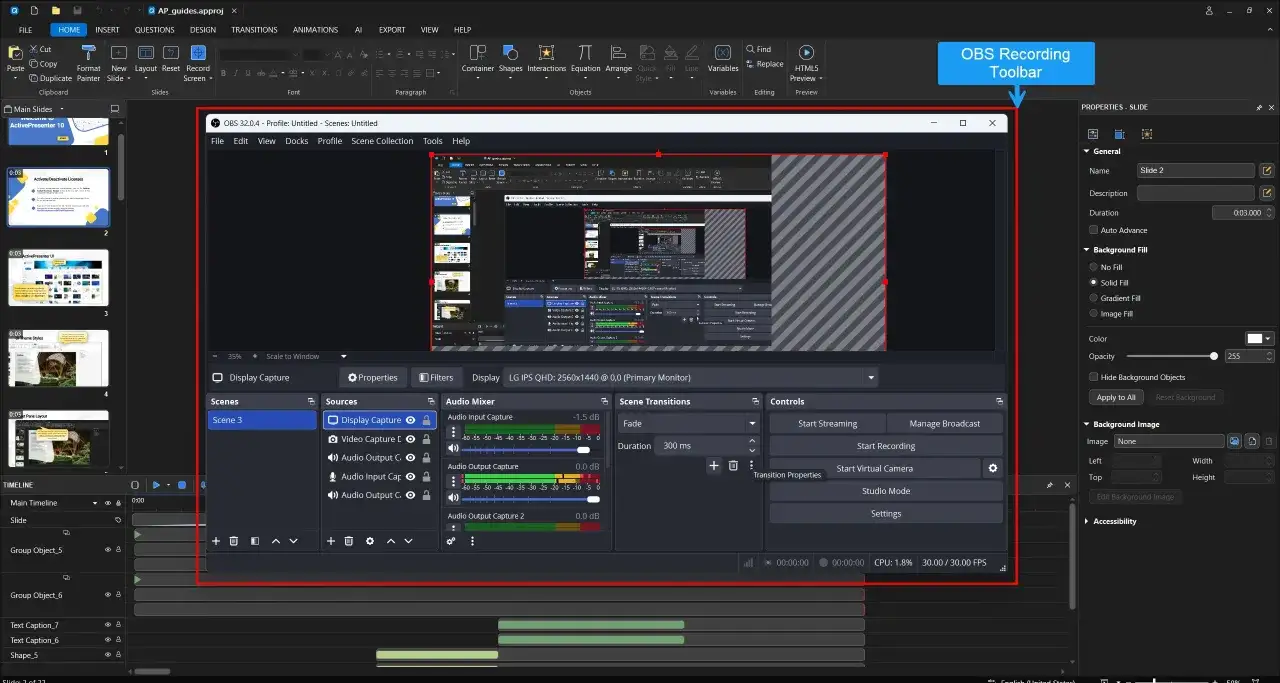 Bildschirmaufnahme von Windows 11 mit OBS Studio, das eine Pr&auml;sentation mit Szenen, Audio und Steuerelementen zeigt.