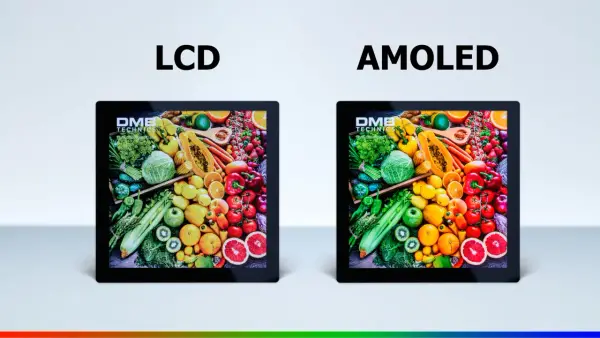 Vergleich von LCD und AMOLED Displays mit lebendigen Obst- und Gemüsemotiven. AMOLED zeigt kräftigere Farben.
